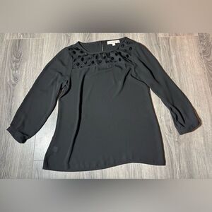 Loft Sheer Black Polka Dot Accents Blouse 3/4 Sleeves EPC Size Small Excellent P